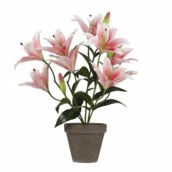 Mica Decorations Kunstplant Tijgerlelie - Roze - 47 Cm - Grijze Pot