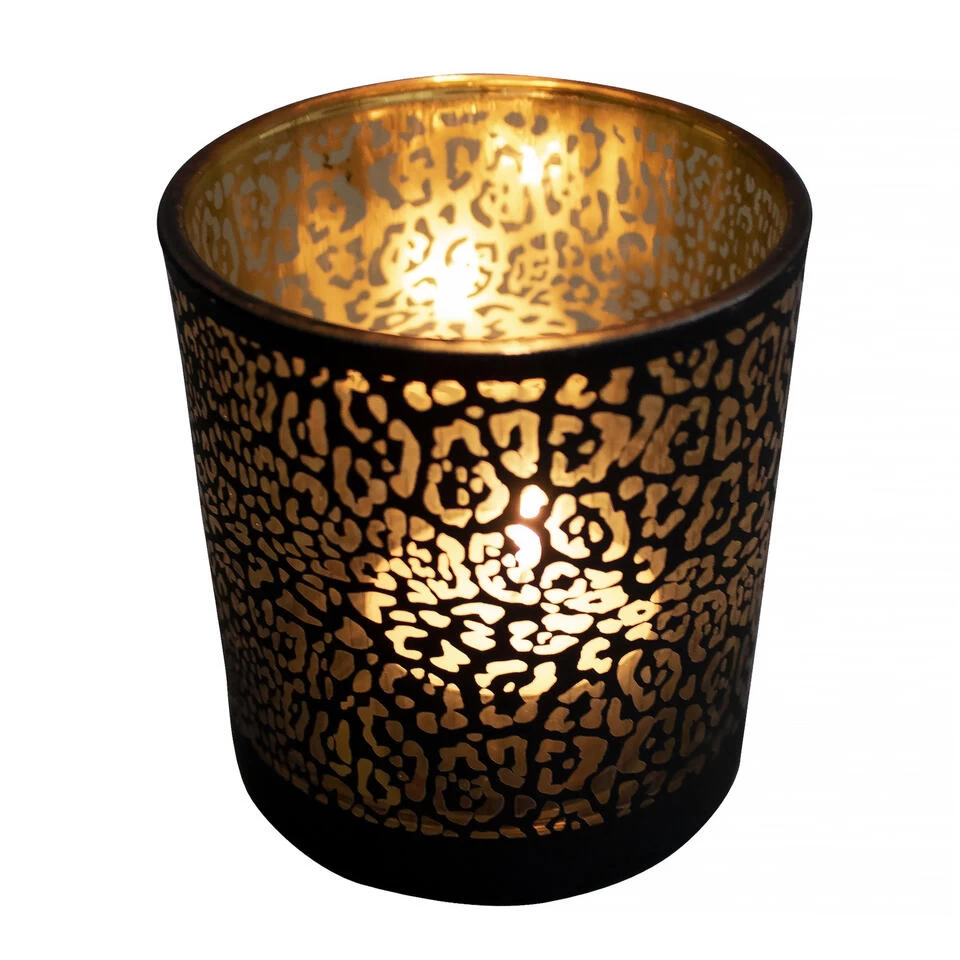 Mars & More Waxinelichthouder - Zwart - Glas - Jaguar Print - 18vcm 1 Mars & More Waxinelichthouder - Zwart - Glas - Jaguar Print - 18vcm