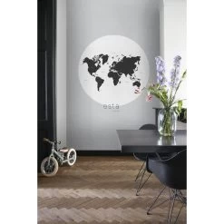 ESTAhome Zelfklevende Behangcirkel - Wereldkaart - Zwart Wit - Ø 140 Cm - 159009 -Home Decoration Store 1000018049 0103