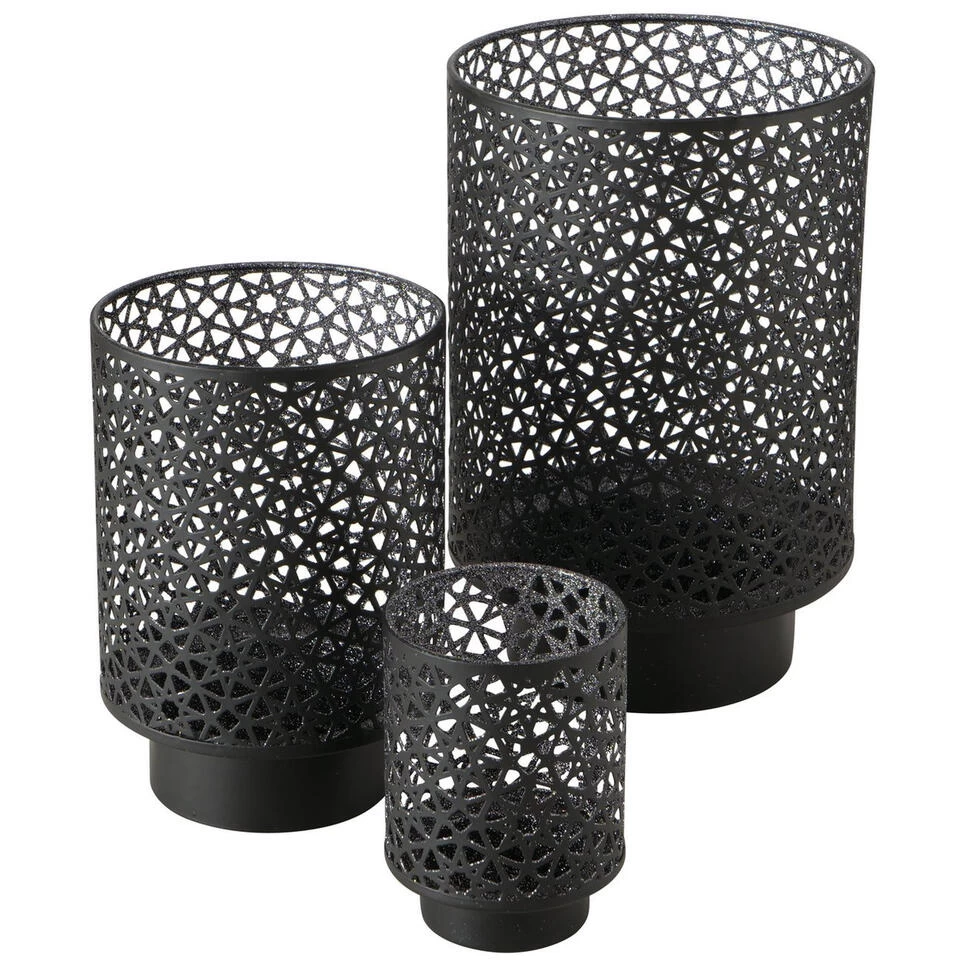 Deco By Boltze Windlichten - 3 Stuks - Zwart - Metaal - Tot 27 Cm 1 Deco By Boltze Windlichten - 3 Stuks - Zwart - Metaal - Tot 27 Cm