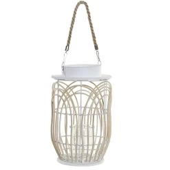 Items Lantaarn - Kaarshouder - Rotan Met Glas - Wit - 29 Cm