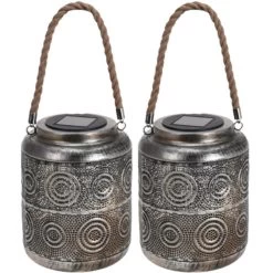 Merkloos Solar Lantaarn Met Cirkel Patroon Metaal Antiek Zilver 22 Cm -Home Decoration Store 1000042817 0102