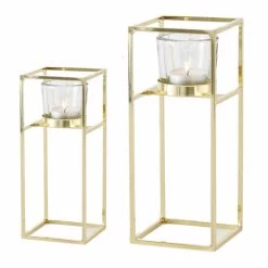 Merkloos Waxinelichthouders - 2 Stuks - Goudkleurig - Metaal - 15 En 23 Cm