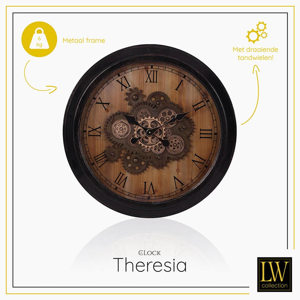 LW Collection Wandklok Radar Theresia Bruin 67cm Bewegende Tandwielen 2 LW Collection Wandklok Radar Theresia Bruin 67cm Bewegende Tandwielen - Afbeelding 2