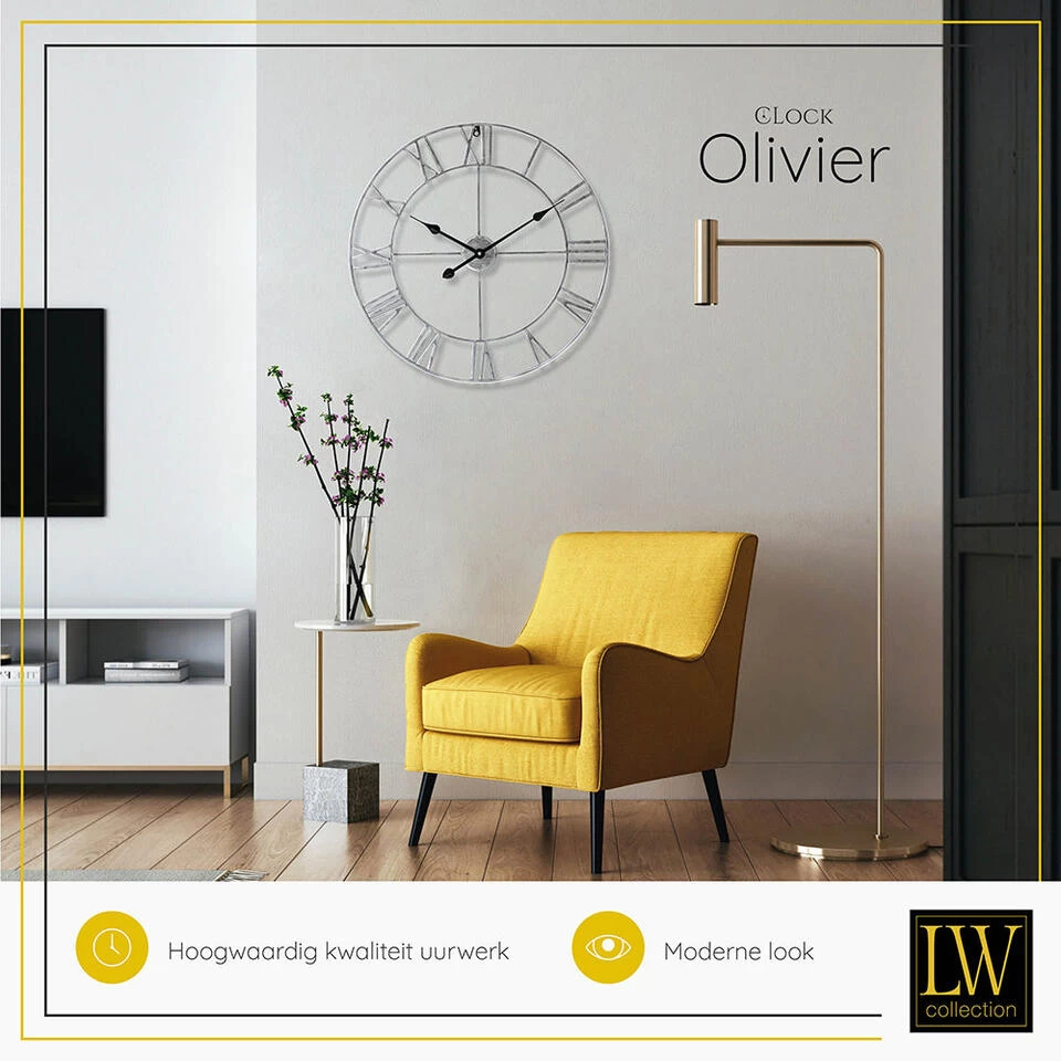 LW Collection Wandklok Olivier Zilver 60cm 4 LW Collection Wandklok Olivier Zilver 60cm - Afbeelding 4