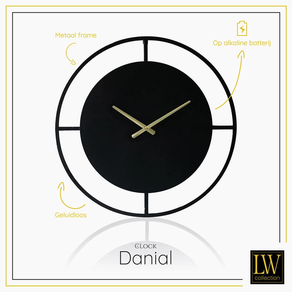 LW Collection Wandklok Danial Zwart Goud 60cm 2 LW Collection Wandklok Danial Zwart Goud 60cm - Afbeelding 2
