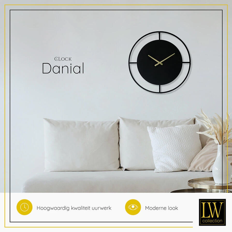 LW Collection Wandklok Danial Zwart Goud 60cm 4 LW Collection Wandklok Danial Zwart Goud 60cm - Afbeelding 4