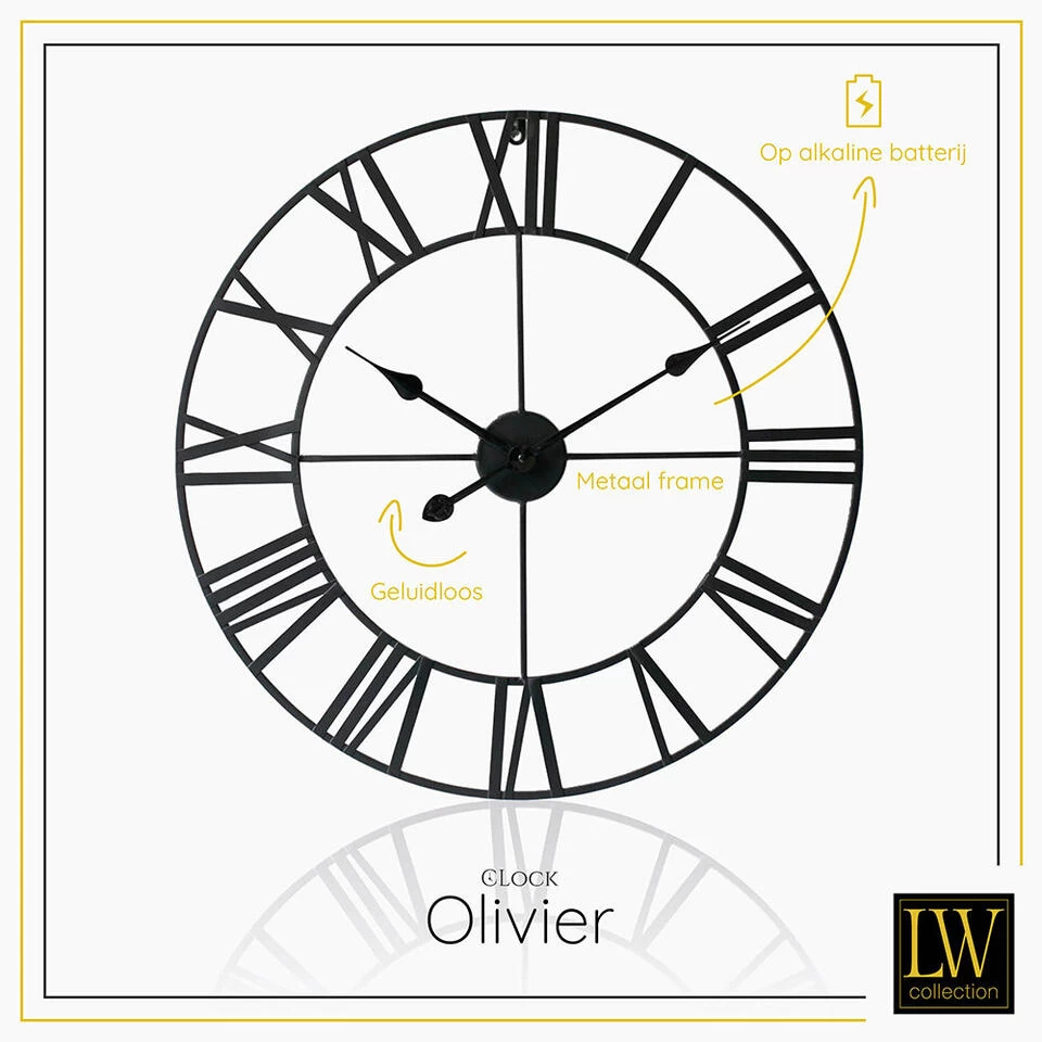 LW Collection Wandklok Olivier Zwart 60cm 2 LW Collection Wandklok Olivier Zwart 60cm - Afbeelding 2