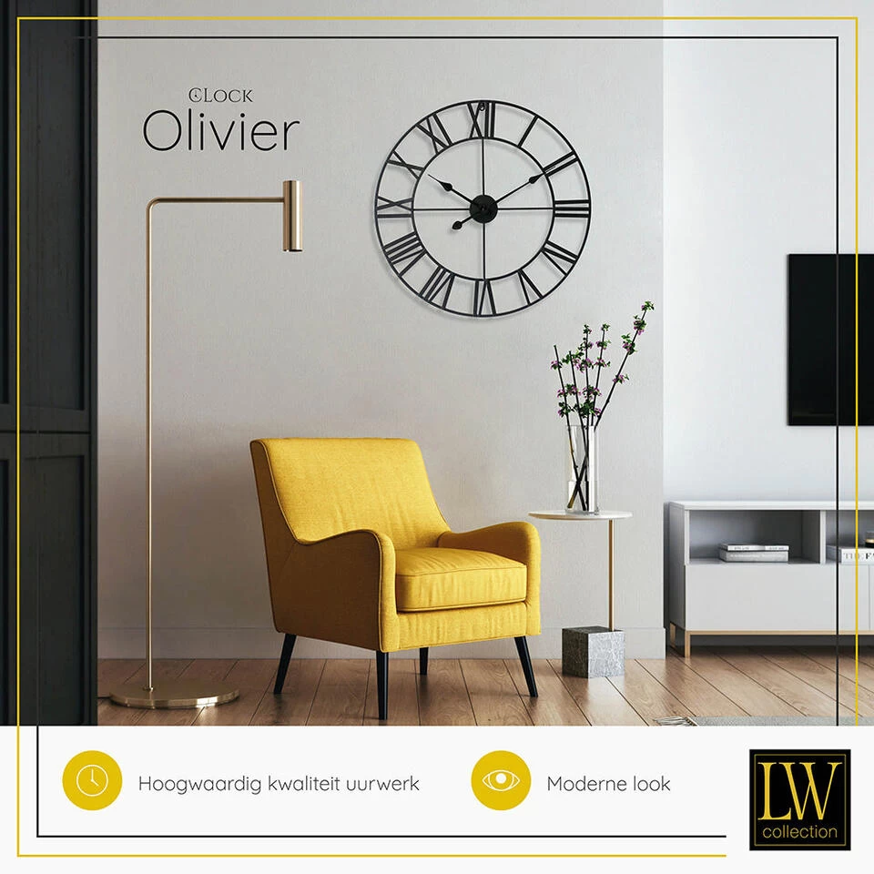 LW Collection Wandklok Olivier Zwart 60cm 4 LW Collection Wandklok Olivier Zwart 60cm - Afbeelding 4