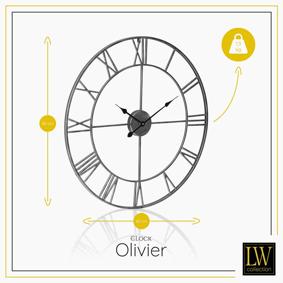 LW Collection Wandklok XL Olivier Zilver 80cm 3 LW Collection Wandklok XL Olivier Zilver 80cm - Afbeelding 3