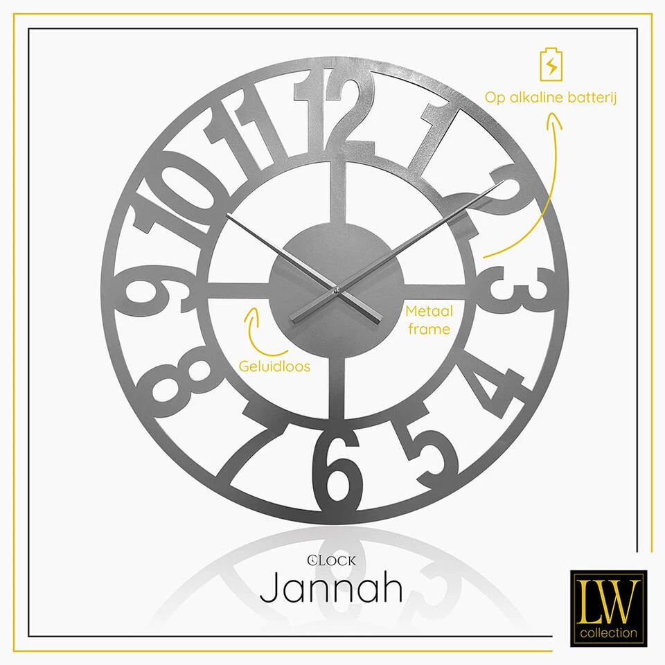 LW Collection Wandklok Jannah Zilver 60cm 2 LW Collection Wandklok Jannah Zilver 60cm - Afbeelding 2