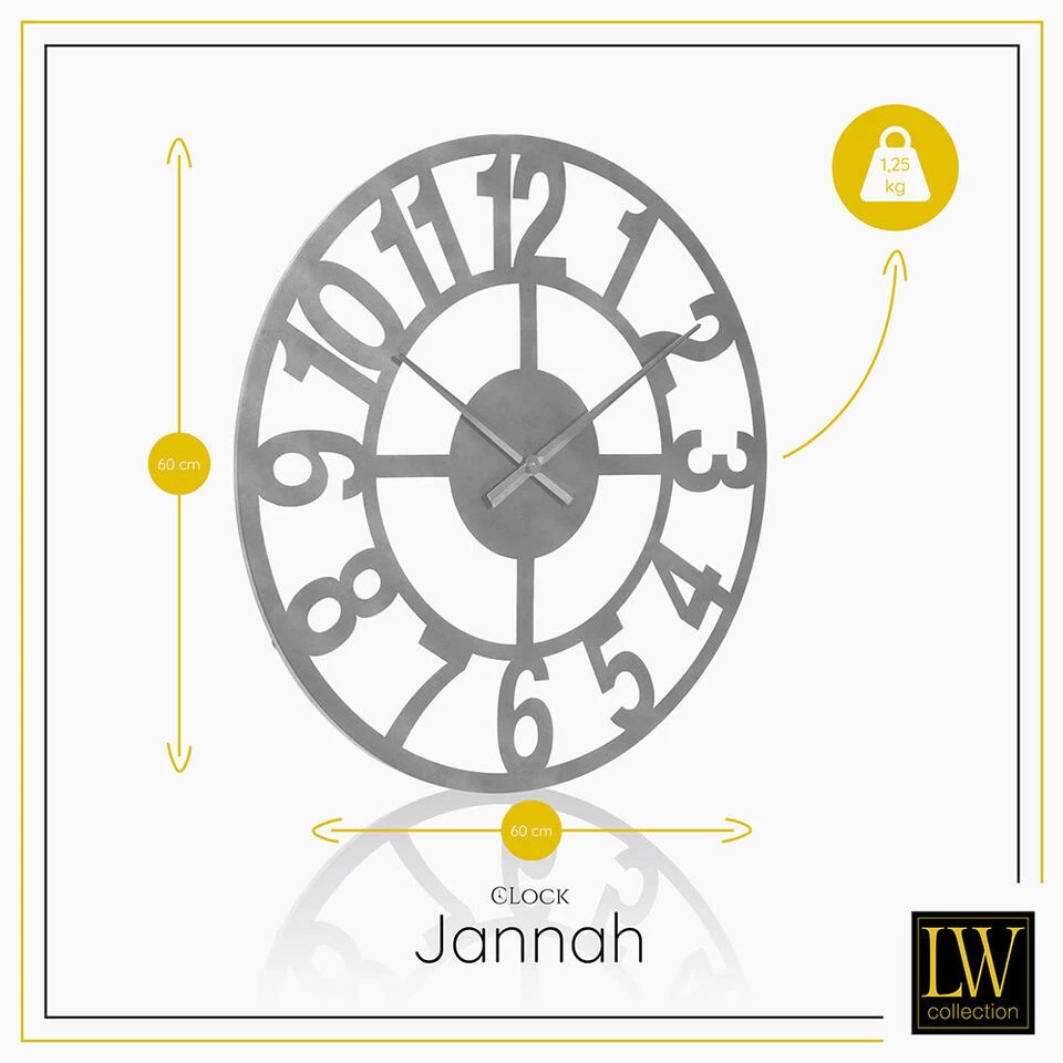 LW Collection Wandklok Jannah Zilver 60cm 3 LW Collection Wandklok Jannah Zilver 60cm - Afbeelding 3