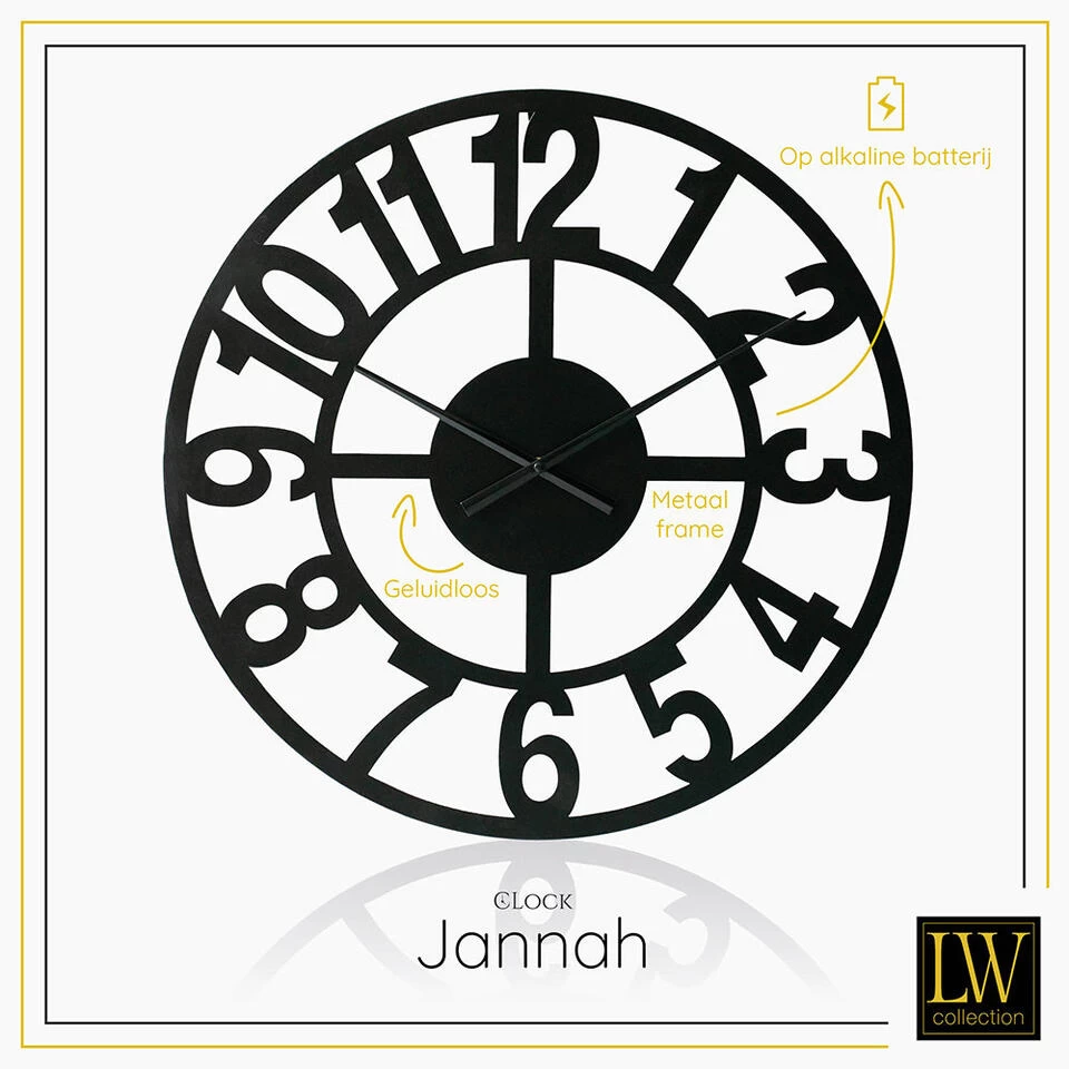 LW Collection Wandklok XL Jannah Zwart 80cm 2 LW Collection Wandklok XL Jannah Zwart 80cm - Afbeelding 2