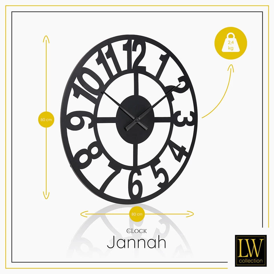 LW Collection Wandklok XL Jannah Zwart 80cm 3 LW Collection Wandklok XL Jannah Zwart 80cm - Afbeelding 3