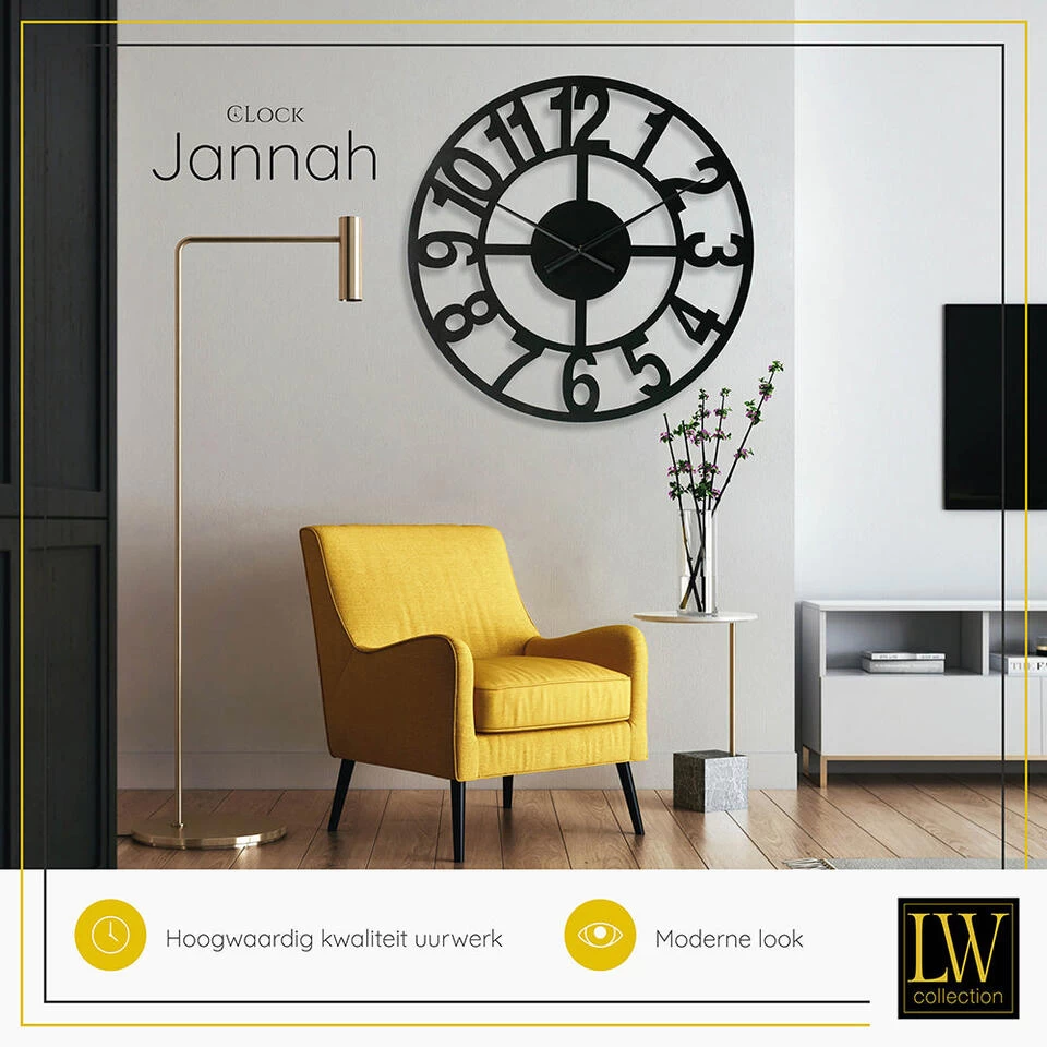 LW Collection Wandklok XL Jannah Zwart 80cm 4 LW Collection Wandklok XL Jannah Zwart 80cm - Afbeelding 4