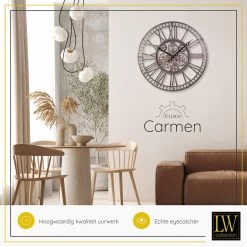 LW Collection Wandklok Radar Carmen Zilver 60cm Bewegende Tandwielen -Home Decoration Store 1000064334 0103