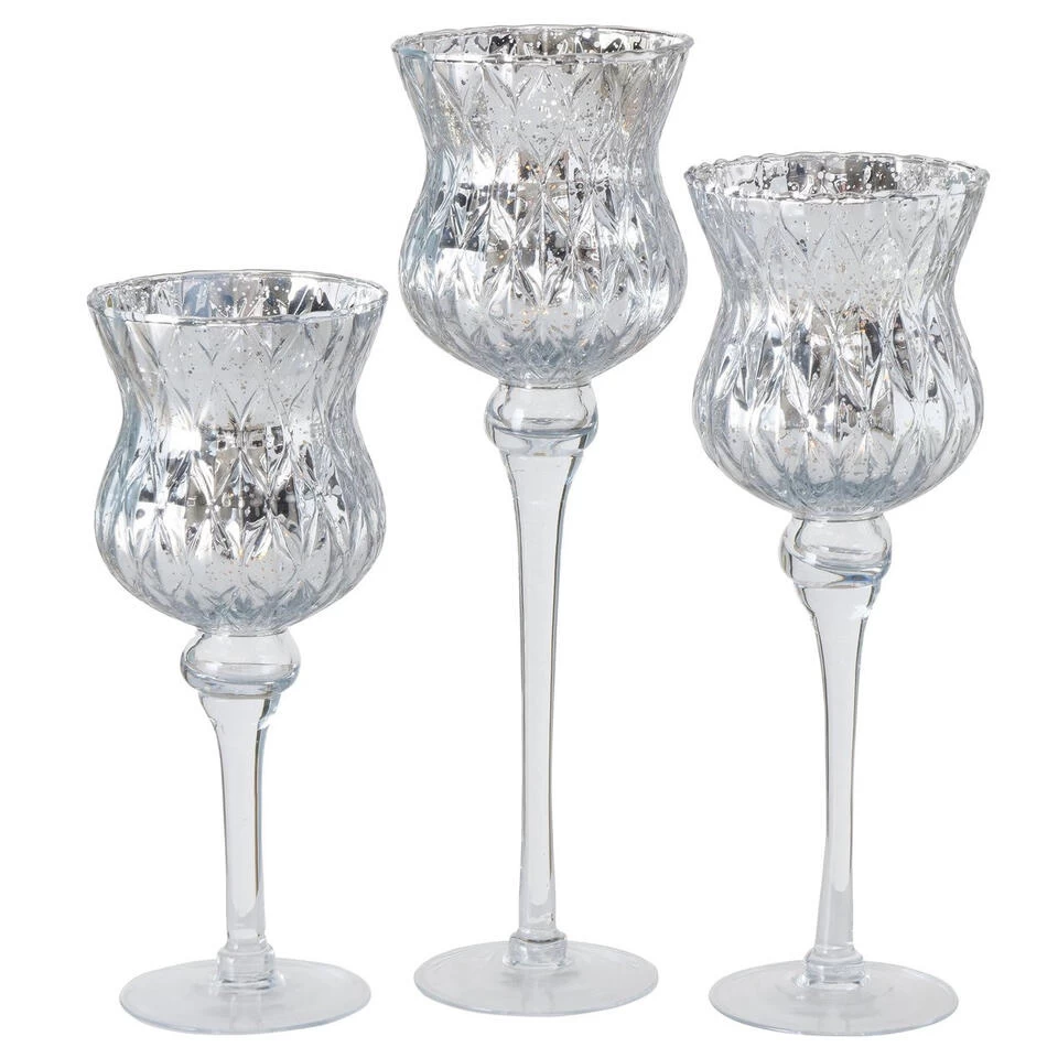 Deco By Boltze - Glazen Kaarsenhouders - Windlichten 3st Zilver 30-40cm 1 Deco By Boltze - Glazen Kaarsenhouders - Windlichten 3st Zilver 30-40cm