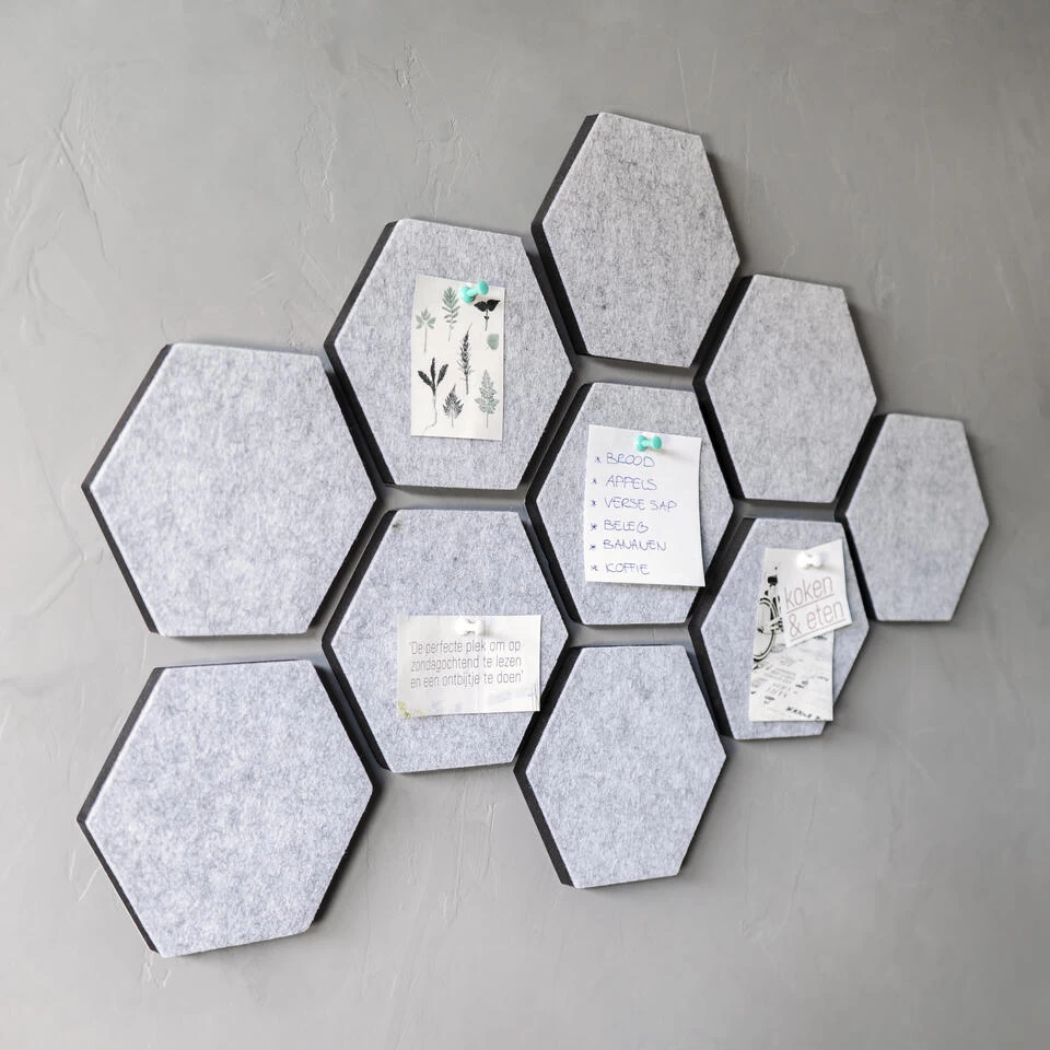 QUVIO Vilten Memobord Hexagon Set Van 10 - Grijs 4 QUVIO Vilten Memobord Hexagon Set Van 10 - Grijs - Afbeelding 4