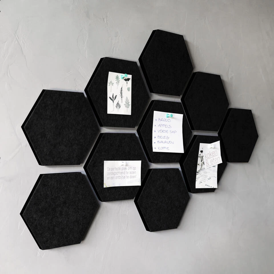 QUVIO Vilten Memobord Hexagon Set Van 10 - Zwart 4 QUVIO Vilten Memobord Hexagon Set Van 10 - Zwart - Afbeelding 4