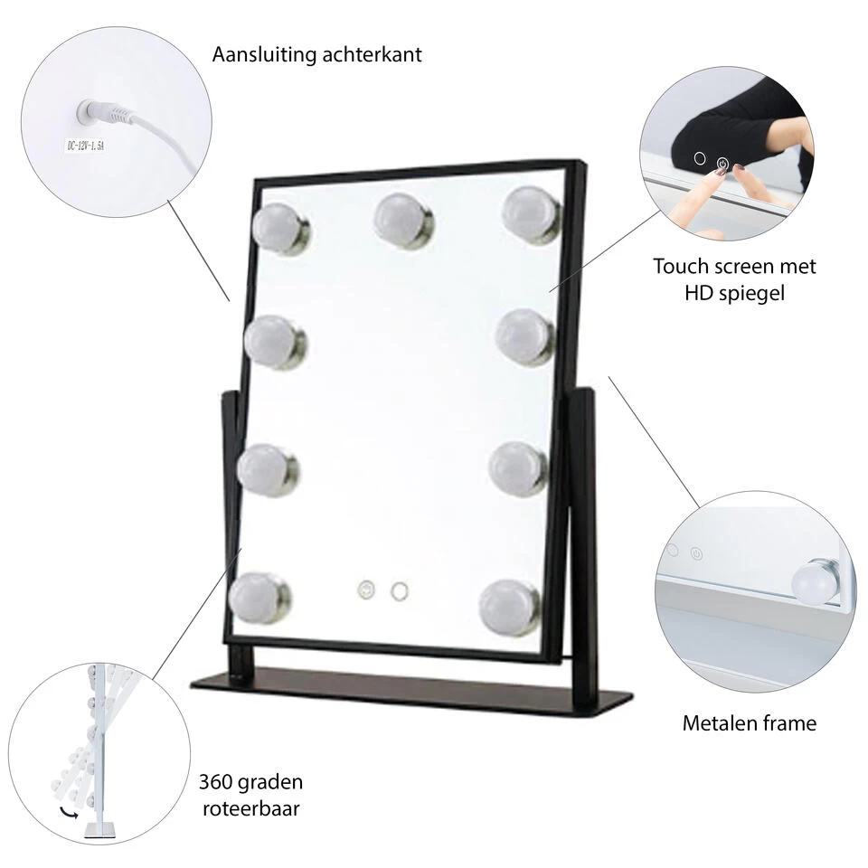 LYVION Make-up Spiegel Met Led Bulbs Zwart 3 LYVION Make-up Spiegel Met Led Bulbs Zwart - Afbeelding 3
