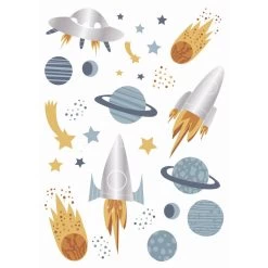 ESTAhome Muursticker - Planeten In De Ruimte - Blauw, Grijs En Geel