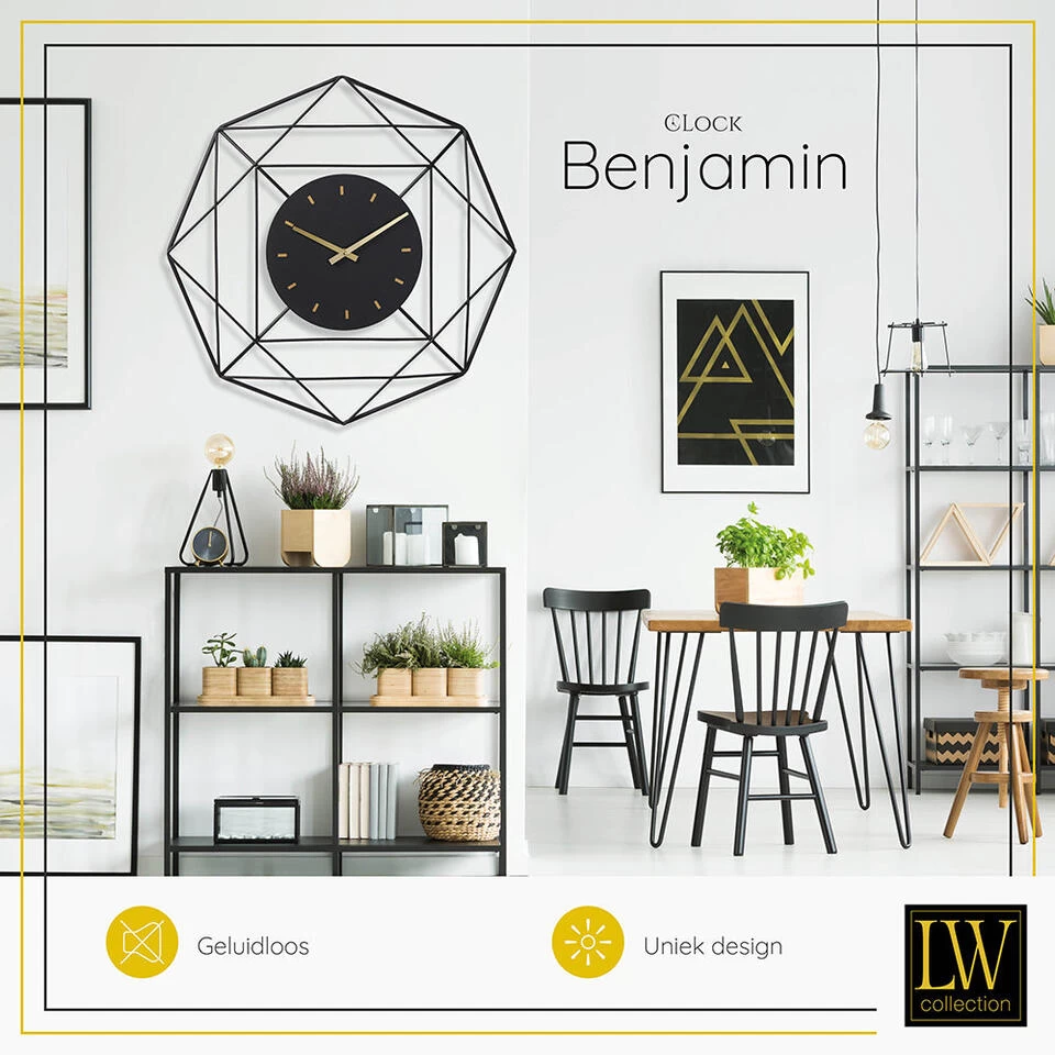 LW Collection Wandklok Benjamin Zwart 80cm 4 LW Collection Wandklok Benjamin Zwart 80cm - Afbeelding 4