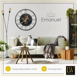 LW Collection Wandklok Radar Emanuel Zwart 62cm Bewegende Tandwielen -Home Decoration Store 1000083572 0103
