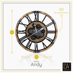 LW Collection Wandklok Radar Andy Bruin Zwart 80cm Bewegende Tandwielen -Home Decoration Store 1000085356 0102