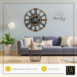 LW Collection Wandklok Radar Andy Bruin Zwart 80cm Bewegende Tandwielen -Home Decoration Store 1000085356 0103