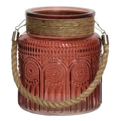Lumineo Windlicht - Roodbruin - Relief - Glas - D14xH16 Cm - Lantaarn