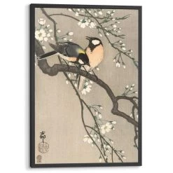 Ingelijste Poster Ohara Koson Koolmezen Op Bloesemtak 93x63 Cm Beige