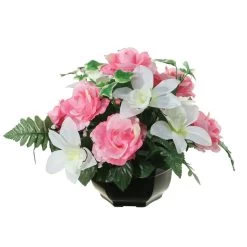 Louis Maes Kunstbloemen Orchidee/rozen In Pot - Kleuren Roze/wit - 25 Cm