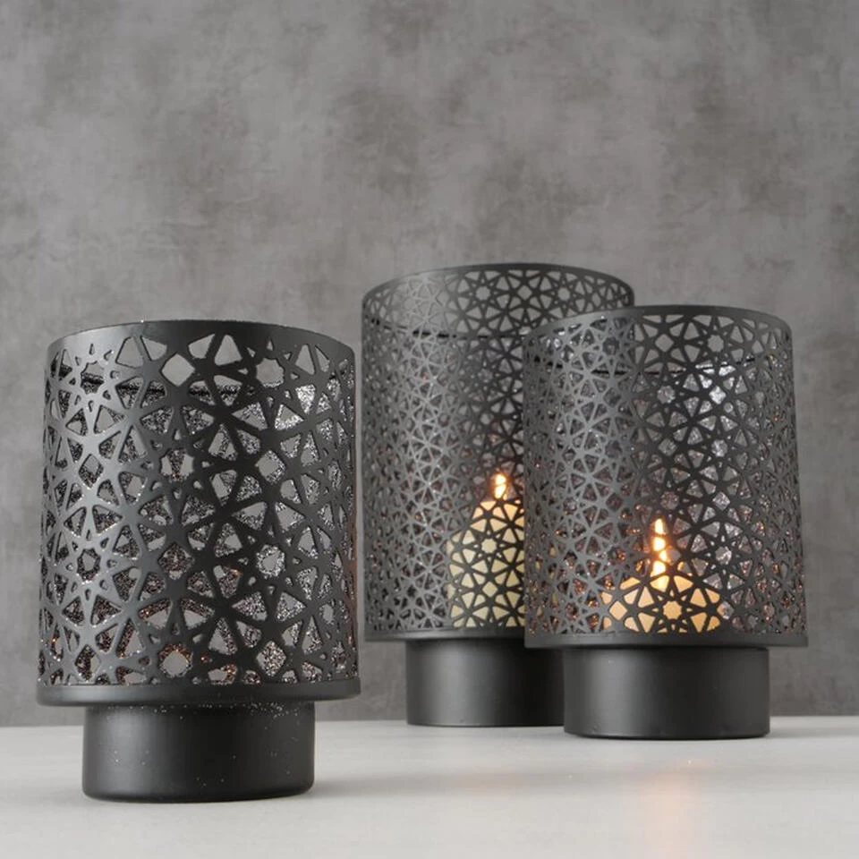 Deco By Boltze Windlichten - 3 Stuks - Zwart - Metaal - Tot 27 Cm 2 Deco By Boltze Windlichten - 3 Stuks - Zwart - Metaal - Tot 27 Cm - Afbeelding 2