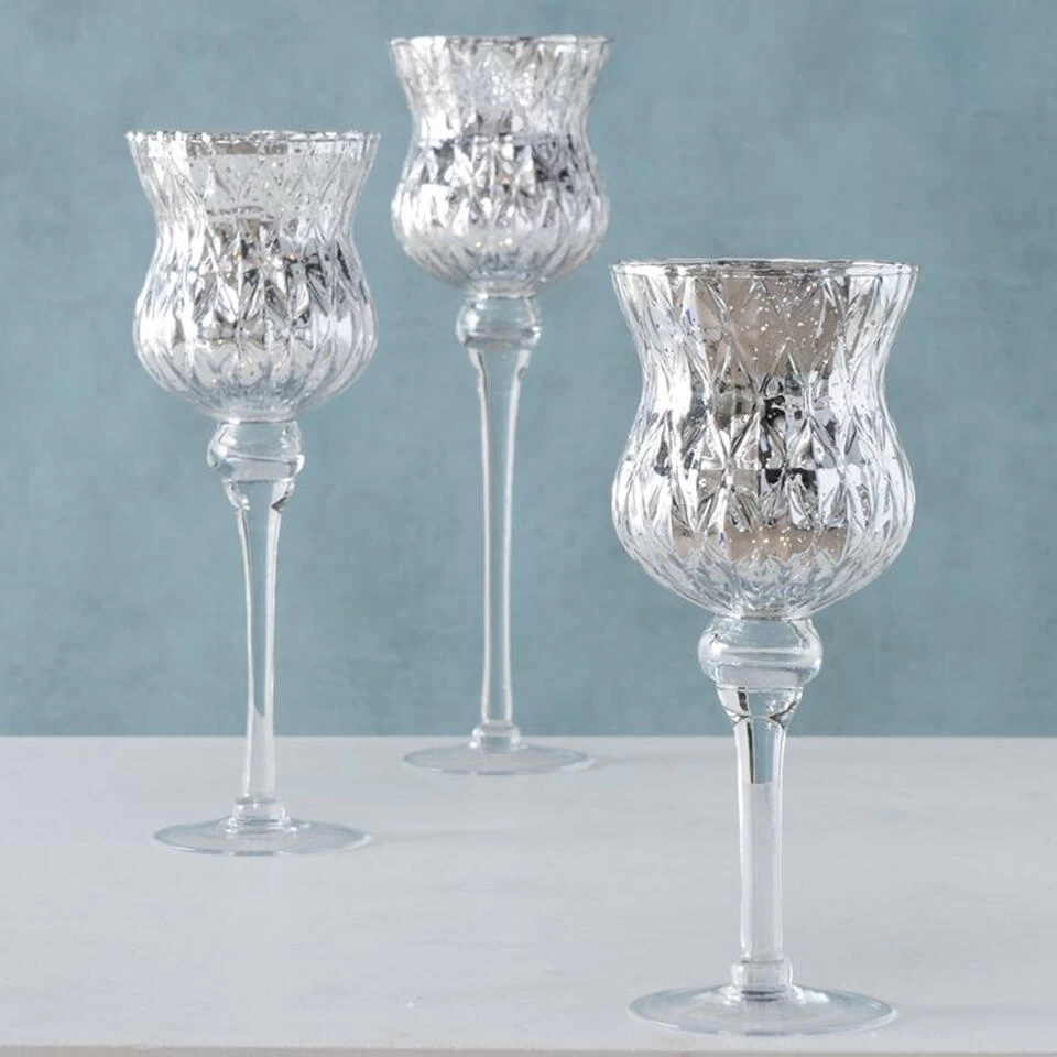 Deco By Boltze - Glazen Kaarsenhouders - Windlichten 3st Zilver 30-40cm 2 Deco By Boltze - Glazen Kaarsenhouders - Windlichten 3st Zilver 30-40cm - Afbeelding 2