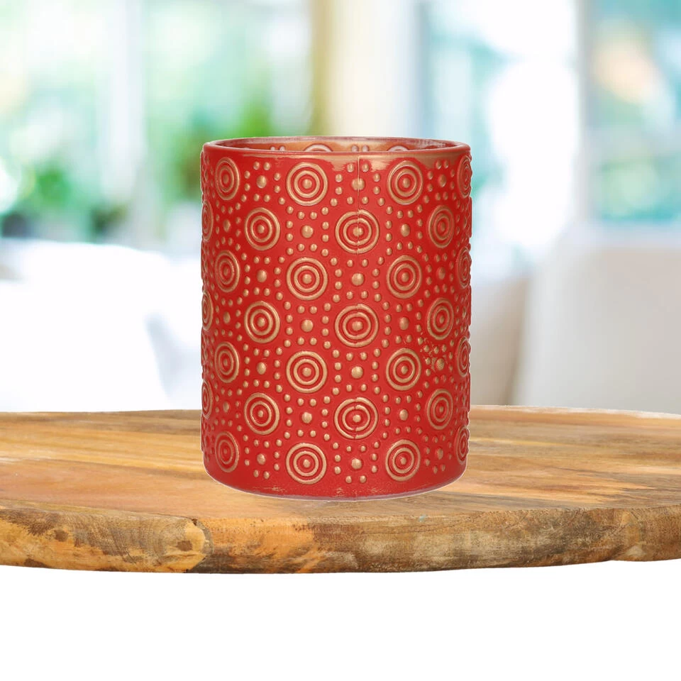 Countryfield Theelichthouder/kaarsenhouder - Rood/goud - H10 Cm 3 Countryfield Theelichthouder/kaarsenhouder - Rood/goud - H10 Cm - Afbeelding 3